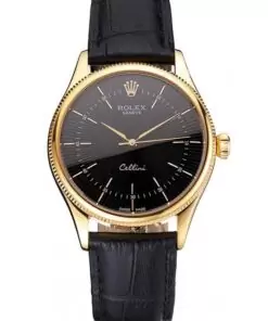 Men Rolex Cellini Black Dial Gold Markings Gold Case Black Leather Strap
