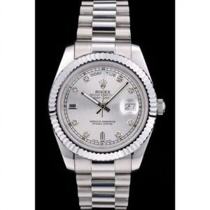 Men Rolex DayDate Stainless Steel Ribbed Bezel Silver Dial 41995
