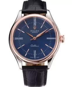 Men Rolex Cellini Blue Dial Gold Bezel Stainless Steel Case Black Leather Strap 622841