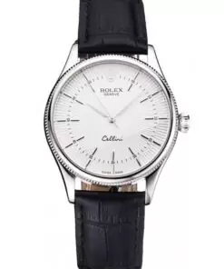 Men Rolex Cellini White Guilloche Dial Stainless Steel Case Black Leather Strap