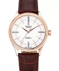 Men Rolex Cellini Time Gold Case White Dial Brown Leather Bracelet 622655