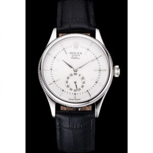 Men Rolex Cellini White Dial Stainless Steel Case Black Leather Strap