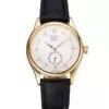 Men Rolex Cellini White Dial Gold Case Black Leather Strap