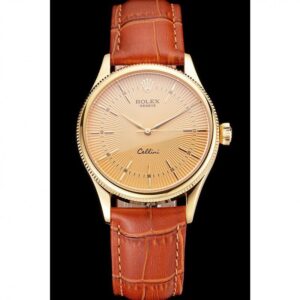 Men Rolex Cellini Gold Dial And Markings Gold Case Light Brown Leather Strap
