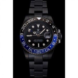 Men Rolex GMT Master II Black Dial Blue And Black Bezel Black PVD Case And Bracelet PR18239