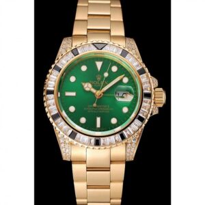 Men Rolex GMT Master II Green Dial Stone Set Bezel Gold Case And Bracelet 1453748