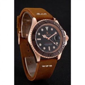 Men Rolex Yacht-Master Black Dial Brown Bezel Rose Gold Case Brown Leather Bracelet 1453860