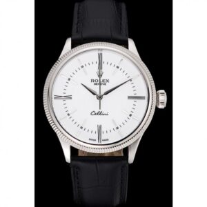 Men Rolex Cellini Time Silver Case White Dial Black Leather Bracelet 622653