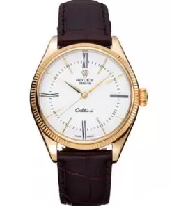 Men Rolex Cellini White Dial Gold Case Brown Leather Strap 622833