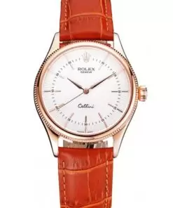 Men Rolex Cellini White Dial Rose Gold Case Brown Leather Strap