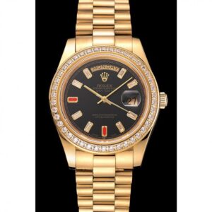 Men Rolex Day-Date Diamonds And Rubies Black Dial Yellow Gold Bracelet 1454101