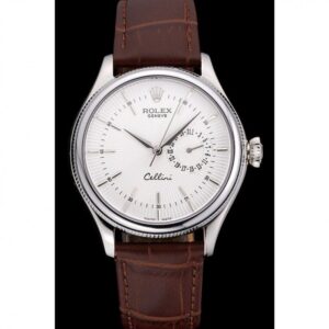 Men Rolex Cellini White Dial Stainless Steel Case Brown Leather Bracelet 622723