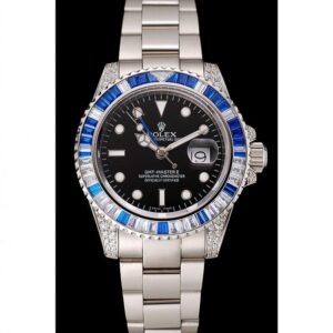 Men Rolex GMT Master II Black Dial Stone Set Bezel Stainless Steel Case And Bracelet 1453747