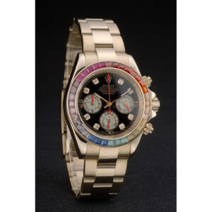 SWISS Rolex Daytona Cosmograph Rainbow Crystals Bezel Rose Gold Strap Black Dial Best Luxury Watches SRL13498